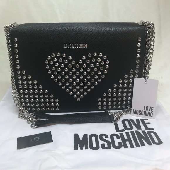 NWT LOVE MOSCHINO Leather Studded Heart Chain Strap Bag - Picture 1 of 10
